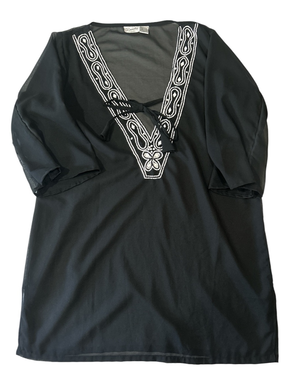 Sante Classics Black Embroidered V-Neck Tunic Cover up Top Sz XL